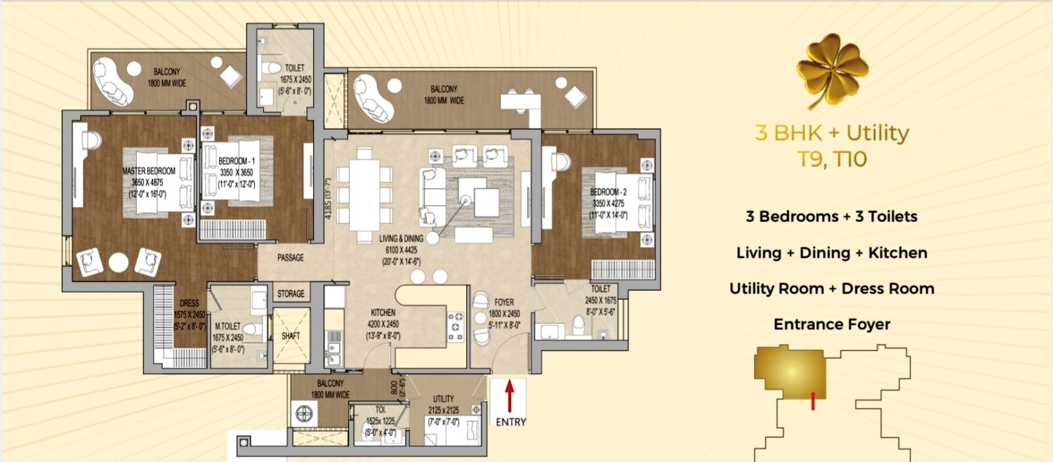 Cloverdale 3BHK with Servant Quarter - 2280 sq.ft layout